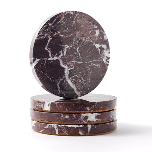 WORHE Natural Marble Coasters Set of 4-4" Round Stone Drink Coasters, Non-Slip Cork Backing, Housewarming Gift, Wedding, Protect Tables from Stains & Scratches Rosso Lepanto (WH114)