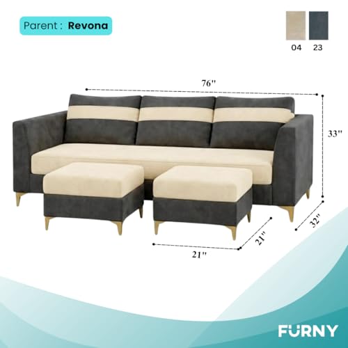 Image of FURNY Nova 5 Seater L Shape Sofa Set with 2 Movable Ottoman | Flexible Left or Right Layout | Plush Velvet Fabric (Dark Grey-Cream) | Perfect for Living Room, Guest Room & Office