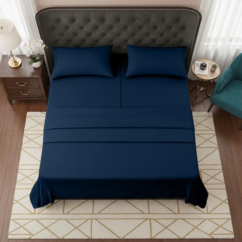 Image of Elegant Comfort Luxurious 1500 Premium Hotel Quality Microfiber Three Line Embroidered Softest 5-Piece Bed Sheet Set, Wrinkle and Fade Resistant, Split King, Navy Blue