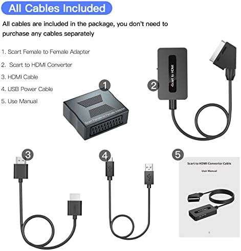 Scart to HDMI Converter with Scart Female to Female Adapter + Scart and HDMI Cables, Supports 4 : 3 and 16 : 9 HDMI Output Switch for N64/Wii/PS2/Xbox/Sky/DVD/STB, Scart In HDMI Out Converter