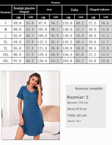 Marvmys Damska bawełniana koszula nocna krótka letnia elegancka dekolt w serek koszule nocne z krótkim rękawem S-3XL, Niebieska, M