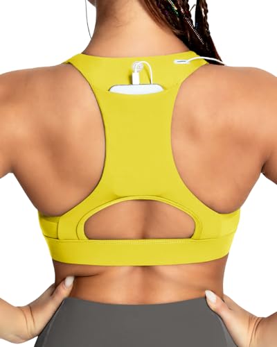 Image of QUEENIEKE BareFlow Women's Sports Bras with Phone Pocket Medium Impact Padded Racerback Workout Gym Crop Top Running Yoga Bra