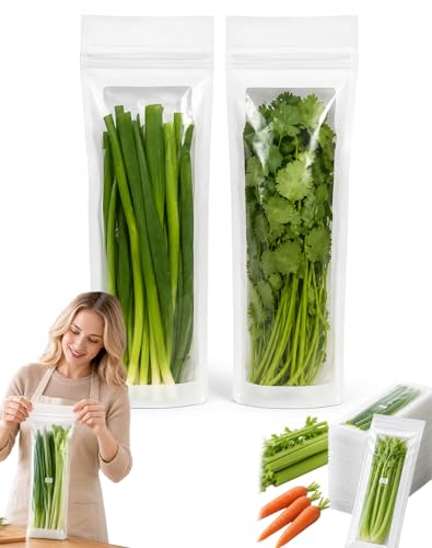 Reusable Long Food Storage Bags Set - 100PCS Double-Zip Freshness Bags for Green Onions, Celery & Asparagus, 12.6" Leakproof Freezer Safe Produce Saver vegetable Bags for Refrigerator，50PCS