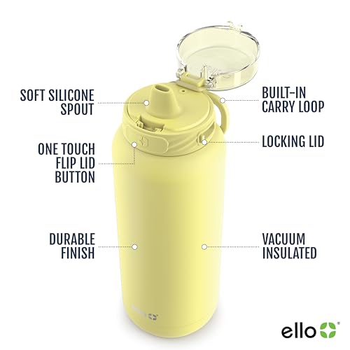 Image of Ello Cooper 40oz Stainless Steel Water Bottle with Straw and Carry Handle, Double Walled and Vacuum Insulated Metal, Leak Proof Locking Lid with Soft Silicone Spout, Reusable, BPA Free, Lemonade