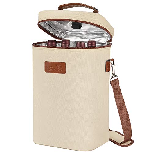 Kato Tirrinia - Borsa termica termica per vino, 4 bottiglie da viaggio, imbottita, con manico e tracolla regolabile, ideale come regalo per gli amanti del vino, colore: beige