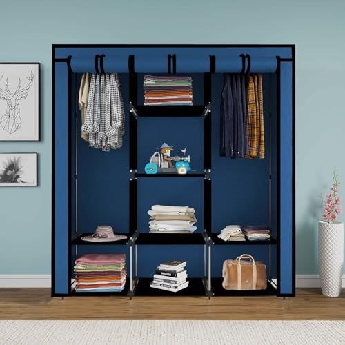 Image of Maison & Cuisine Collapsible Wardrobe Clothes Almira, 2 Hanging Space, 8 Shelves and 2 Side Pocket (Non-Woven Fabric, Metal Rod 90GSM, 112x38x145cm)(88230Blue-N, Blue)