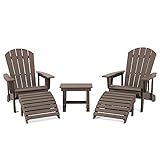 SERWALL 5-Piece Adirondack Chair and Ottoman and Table Set, Weather Resistant Adjustable Backrest Adirondack Chairs with Ottomans and End Table, Polystyrene All-Weather Adriondack Chairs,Brown