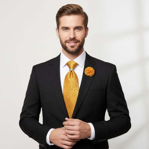 Image of 5PCS Mens Silk Designer Tie, Pocket Square, Cufflinks, Drilled Tie Ring and Lapel Pin Set for Wedding Groom Party
