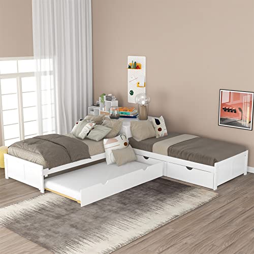 Harper & Bright Designs L-Shaped Platform Bed with Trundle, Wooden Corner Daybed with Storage Drawers and Desk, 3 Beds for Kids Teens Bedroom Furniture (Twin, White)