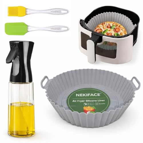 Image of 1 Pcs Round Reusable Non-Stick air Fryer Accessories Silicone Coating Pot Basket for Microwave Oven oil sprayer bottle and Oil brush And Spatula Set, 200 Millilitre, Multicolor