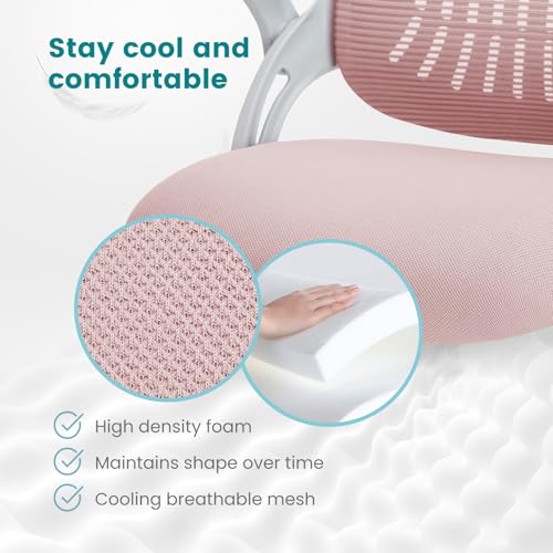 Image of DUMOS Home Office Computer Desk Chair, Ergonomic Mid-Back Mesh Rolling Work Swivel Task Chairs with Wheels, Comfortable Lumbar Support, Comfy Flip-up Arms for Bedroom, Study, Student, Pink