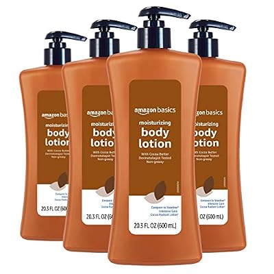 Amazon Basics Moisturizing Cocoa Butter Body Lotion for Dry Skin, Non-Greasy, Paraben Free, Lightly Scented, 20.3 Fl Oz, 4-Pack