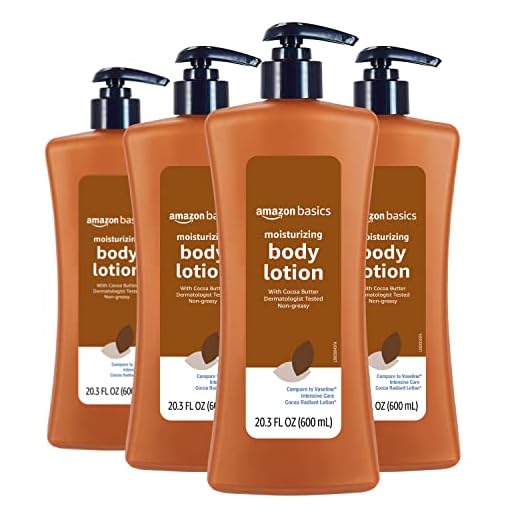 Amazon Basics Moisturizing Cocoa Butter Body Lotion for Dry Skin, Non-Greasy, Paraben Free, Lightly Scented, 20.3 Fl Oz, 4-Pack