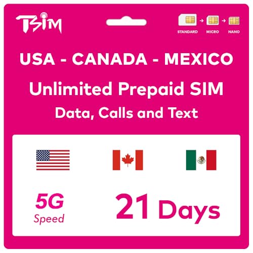 Przedpłacona karta SIM TSIM na 21 dni | Nieograniczone dane 4G/5G w USA + 5 GB High Speed w Kanadzie i Meksyku | Nieograniczone połączenia lokalne + bezpłatne połączenia przychodzące / SMS