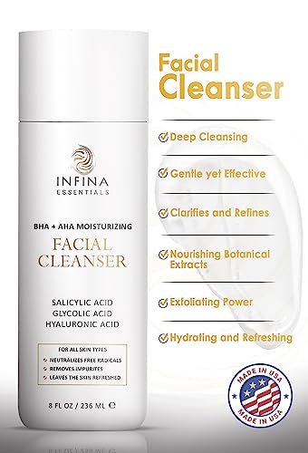 Infina Essentials Hydrating Facial Cleanser, Big 8 Fl Oz - Non-Foaming Gentle Aha Bha Cleanser With Hyaluronic Acid & Antioxidants - For All Skin Types #TOP1
