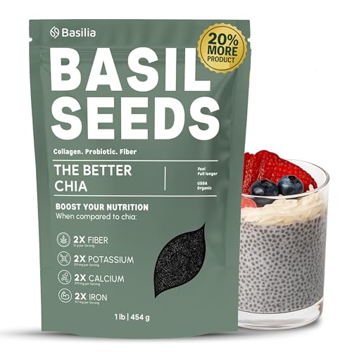 Basilia Basil Seeds Organic for Eating | 2x More Fiber than Chia | Nutrition-Packed Edible Basil Seeds Superfood for Breakfast, Smoothies & Drinks | Keto Friendly & Gluten Free | 1lb Bag