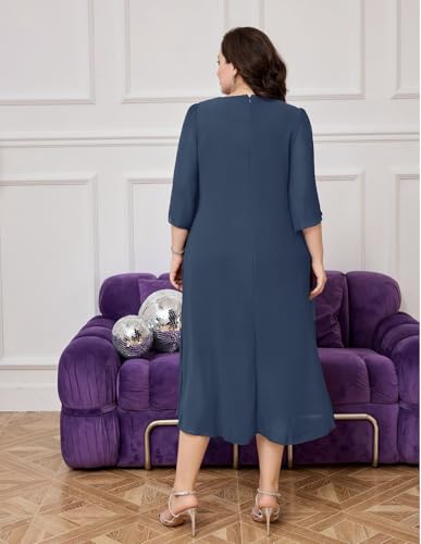 Image of Hanna Nikole Womens Plus Size Chiffon Cocktail Dress Ruffle 3 /4 Sleeve Wedding Guest Party Dresses with High Low Hem
