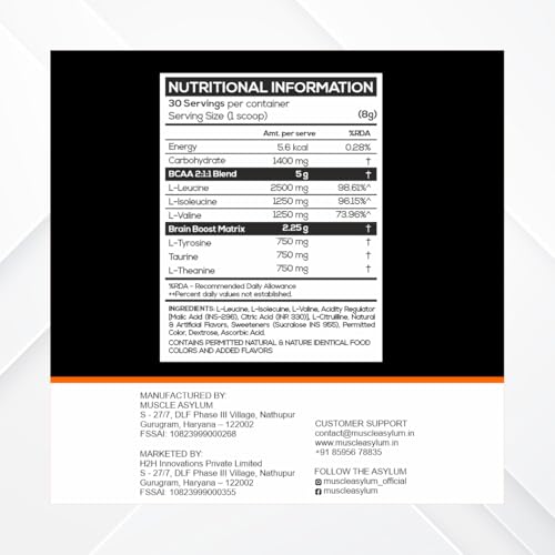 Image of Muscle Asylum BCAA Powder | Muscle Recovery, Energy & Focus Support | Essential Amino Acids for Workout Performance (30 Servings 240g, Fruit Punch)