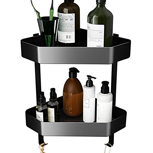Estantes de Ducha Estante de Ducha de Esquina Estante de Ducha de Montaje en Pared con Gancho Sin Espacio de perforación Adhesivo de Aluminio para Inodoro de Cocina-Negro a