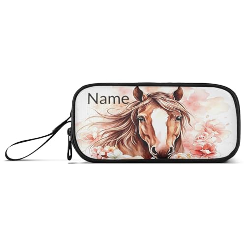 Image of Custom Brown Horse Flower Pencil Case Box Boys Girls Personalized Name Large Pencil Pouch Stationery Pen Bag Organizer for Kids Adults School Office