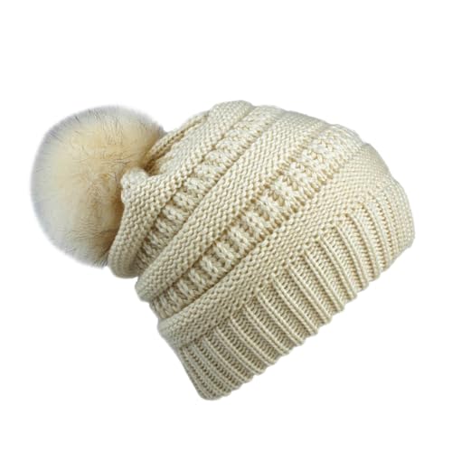 GALPADA Warm Knit Beanie Hat for Women Stylish Headwear Plush Ball One Size Fits Beige