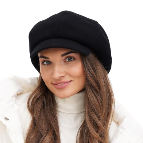 Elegant Black Newsboy Hat for Women - Chic 8-Panel Baker