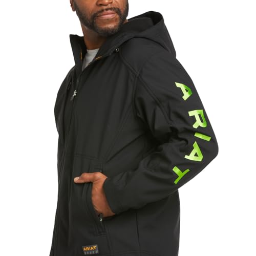 ARIAT Rebar Stretch Canvas Softshell Hooded Logo Jacket, Black/Lime, X-Large Tall4