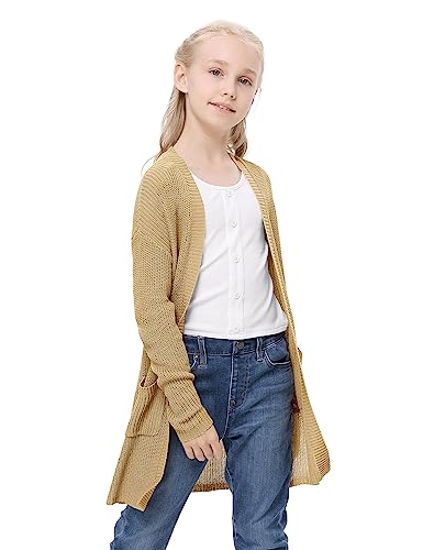 Amarmia Girl's Open Front Cardigan Long Sleeve Knit Sweaters Kids Lightweight Cute Casual Loose Outerwear Coats With Pockets Khaki #TOP2