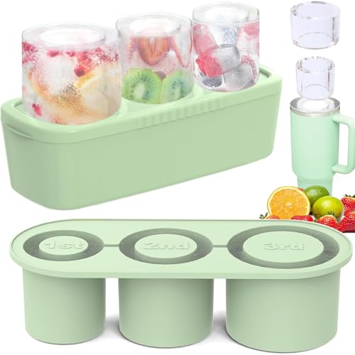 ROMANVIC Stanley Cup Eiswürfelform Zubehör,Eiswürfelbehälter Silikon mit Deckel und Behälter,3 Fach Eiswürfelschale,Eiswürfel für 42 Oz Tumbler Becher Cocktails,Whisky,Obst Fruchtpürees