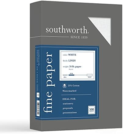Southworth 25% Cotton Business Paper, 8.5 x 11", 24 lb/90 GSM, Linen Finish, White, 500 Sheets - Packaging May Vary (554C)