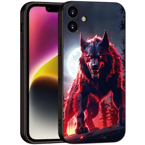Printed with Wolf for iPhone 16 case, Under The Full Moon, The Wolf King with Untamed Power and Radiating Red Eyes - Silicone Shockproof Case (A1-Wolfs-Animal)