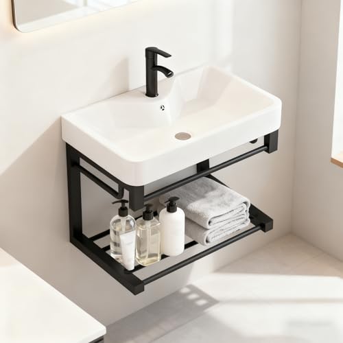 20-inch black floating wall-mounted bathroom sink with ceramic basin and open shelf, compact design...