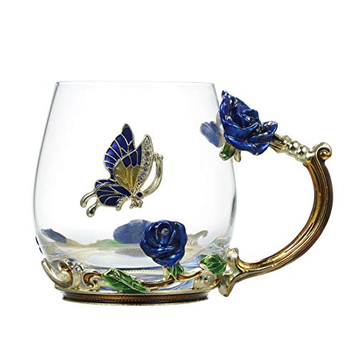 Blue Rose Craft Water Cup Drink Mug com Handle Design Tea Coffee Cup com Colher Pano de Limpeza Coas