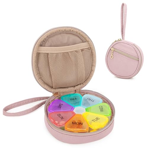Damero Pill Organizer with Carrying Bag, Weekly Pill Box for Fish Oils,Vitamin and Supplement Holder, 7-Day Travel Organizer Medicine Bag,Pink