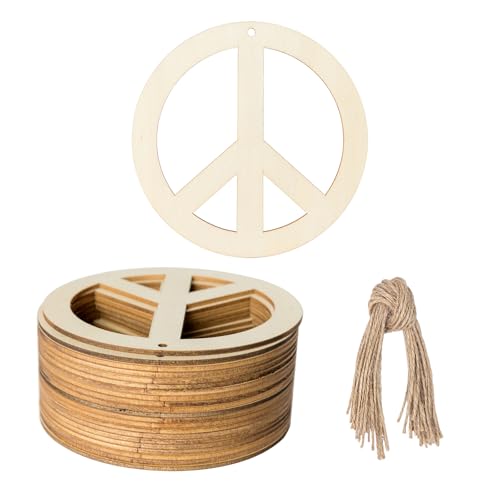 Unfinished The Peace Sign Shape Wooden Tag Hanging Wood Cutout Slices Wooden Present Tags with Twine for Christmas Thanksgiving Day Holiday Wedding Birthday Party Decoration 20 Pcs