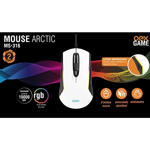 OEX MS316 Mouse Gamer Artic, 10.000 dpi, USB, Branco