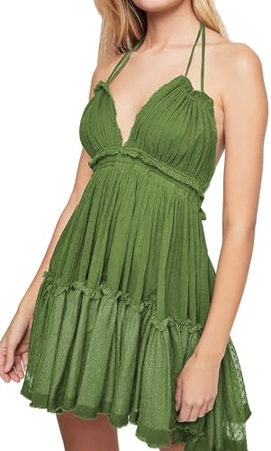 ForeMode Summer Deep V Neck Bohemian Women Mini Short Dress Backless Beach Boho Dress