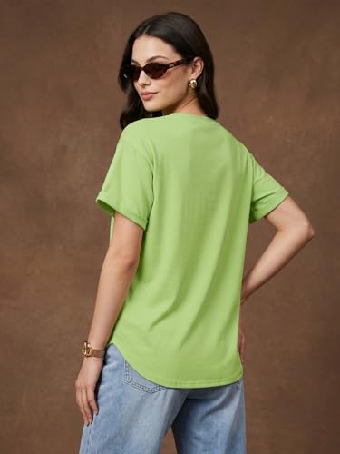 Image of JUNEBERRY Pure 100% Cotton Oversized Loose Fit Drop Shoulder Round Neck Boyfriend Fit Solid Half Sleeves T-Shirt for Women & Girls (Sizes: S to 2XL)