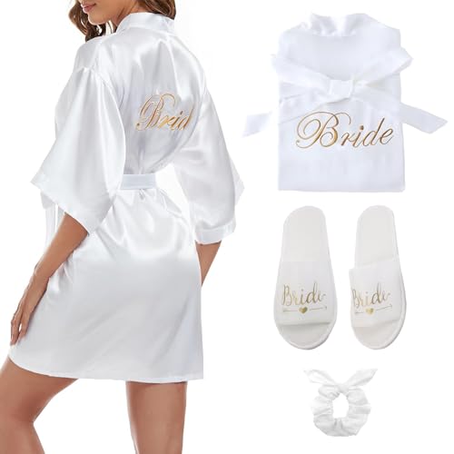 LIUQOBN Conjunto de bata y pantuflas para novia, bata tipo kimono para mujer, pijama para novia, boda, fiesta, mañana, vestido con cuello en V (blanco), 100%