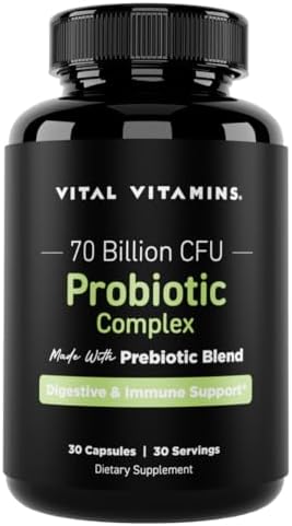 Vital Vitamins Probiotic Complex for Men & Women – 70 Billion CFU – Made with Prebiotic Blend – Digestive, Gut Health, & Immune Support – Powerful Blend of 10 Strains – 30 Capsules