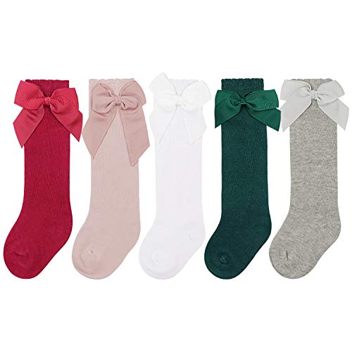 DRESHOW Calcetines hasta la Rodilla para Niña Calcetines de Vestir para Niño Pequeño Calcetines con Lazo para Bebé Calcetines Infantiles de Algodón
