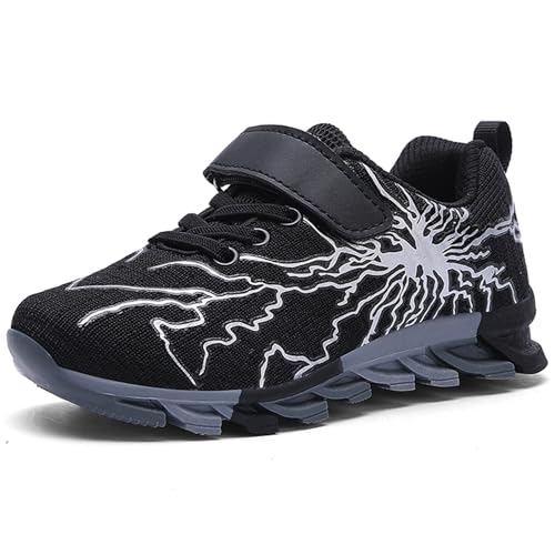 Topwolve Kinder Sneaker Jungen Mädchen Turnschuhe Sportschuhe Leicht Atmungsaktiv Hallenschuhe Outdoor Laufschuhe,Schwarz Grau,33 EU