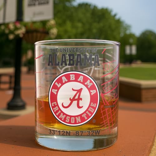 Image of Greenline Goods - University of Alabama Crimson Tide College Whiskey Glasses (Set of 2), 10 oz - Full-Color Logo + Campus Map