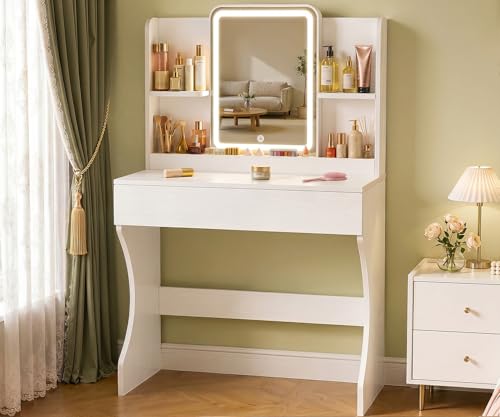 Vinabilia White Small Vanity Desk with Mirror and 3 Adjustable Light Modes