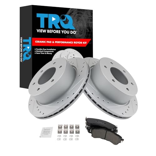 Image of TRQ Performance Rear Brake Pad and Rotor Set Ceramic Coated Drilled Slotted Rotors Compatible with 2019-2021 Ford Ranger
