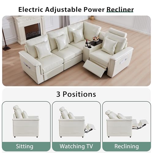 Image of RARZOE Faux Leather Sectional Sofa with Power Recliner, L Shaped PU Leather Couch with Storage Console Charging Cup Holders, 4 Seater Oversized Modular Reclining Couches for Living Room,Beige