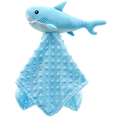Image of Shark Security Blanket Soft Loveys for Babies Boy Minky Dot Snuggle Plush Lovie Blue Stuffed Ocean Animal Sleeping Blanket Newborn Nursery Unisex Blankie 15 Inch