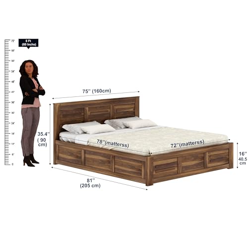 Image of Ganpati Arts Sheesham Wood Swiss King Size Bed with Hydraulic Storage | Wooden Double Bed Cot Palang Furniture for Bedroom, Living Room, Hotel, Home (Teak Finish)