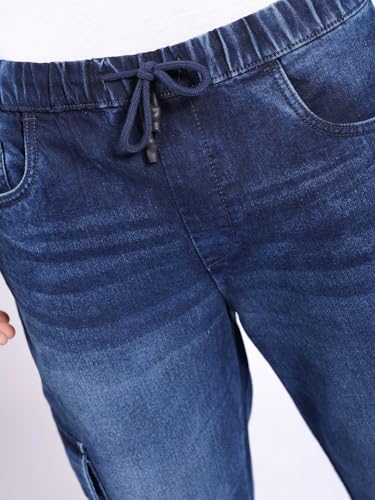 Image of The Indian Garage Co Men Regular Fit Solid Mid-Rise Stretchable Denim Cargo Joggers