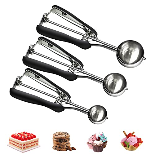Cookie Dough Scoop Set, Cookie Scoops for Baking Set of 3, Small Ice Cream Scoop with Trigger, Stainless Steel Melon Baller Scoop, TIMDAM Kitchen Cookie Scooper for Baking (Black)